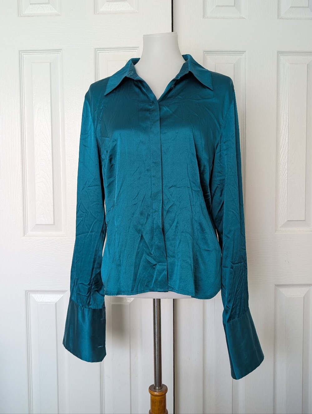 Vintage Bloomingdale's Teal Silk Button-Front Blouse